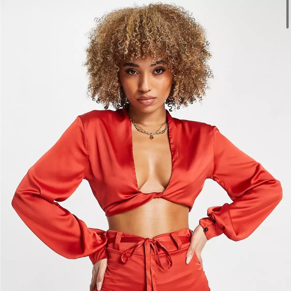 Femme Luxe red satin twist long sleeve top from ASOS